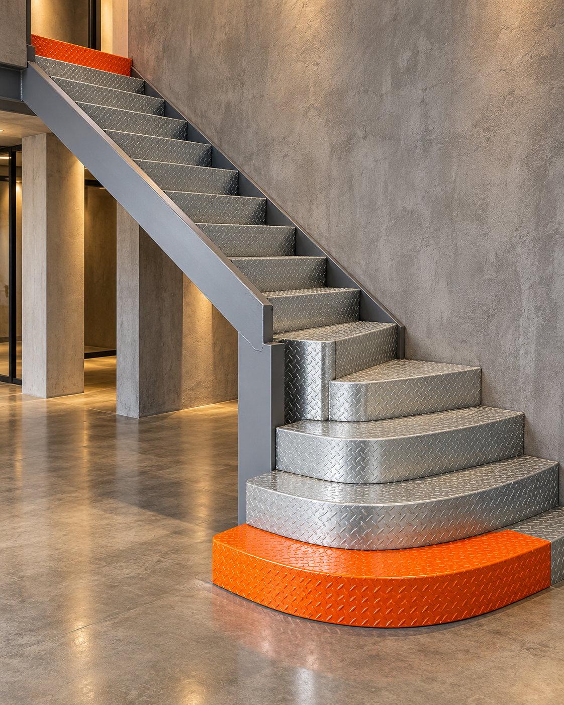Steel staircase with chequer-plate treads and orange accents in a concrete interior