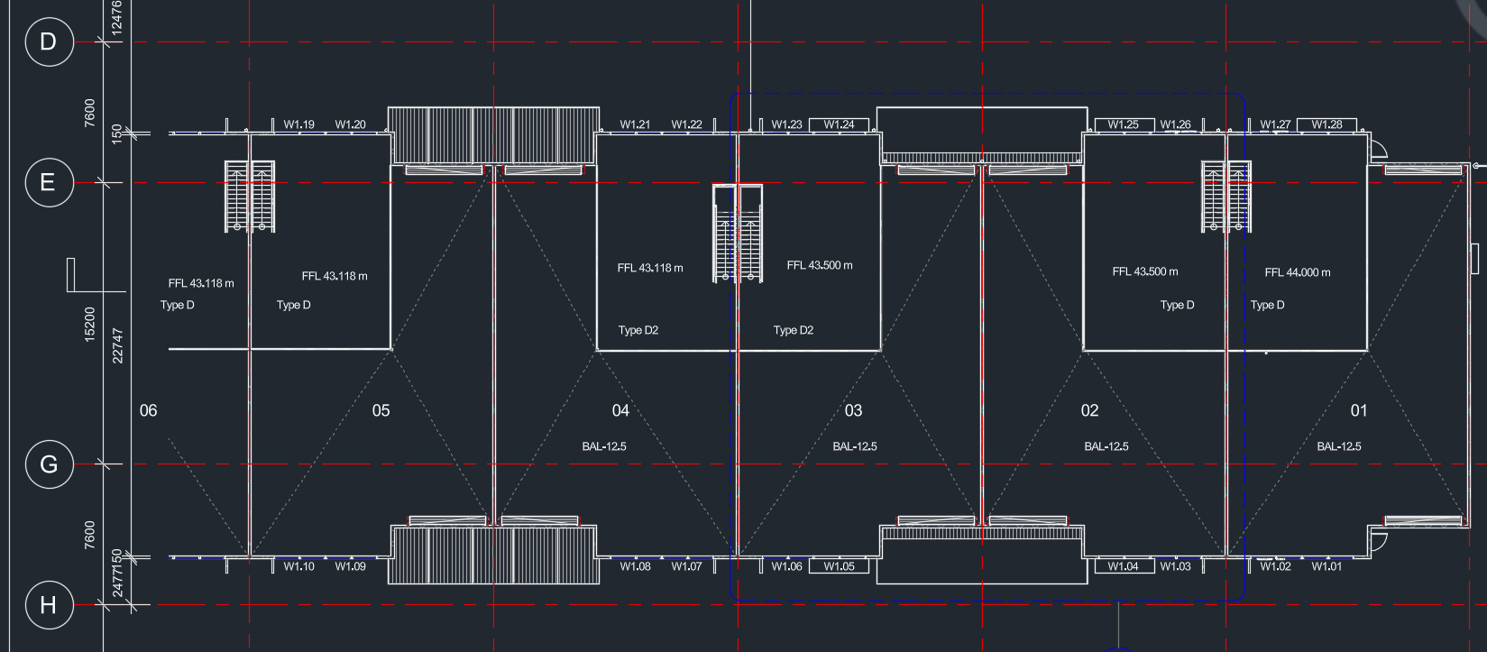 Supplied multi-unit building plan showing stair locations, grid lines and floor levels